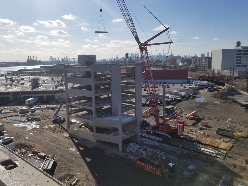 Aerial view of Bronx Logistics Center under construction. Crane in picture.
