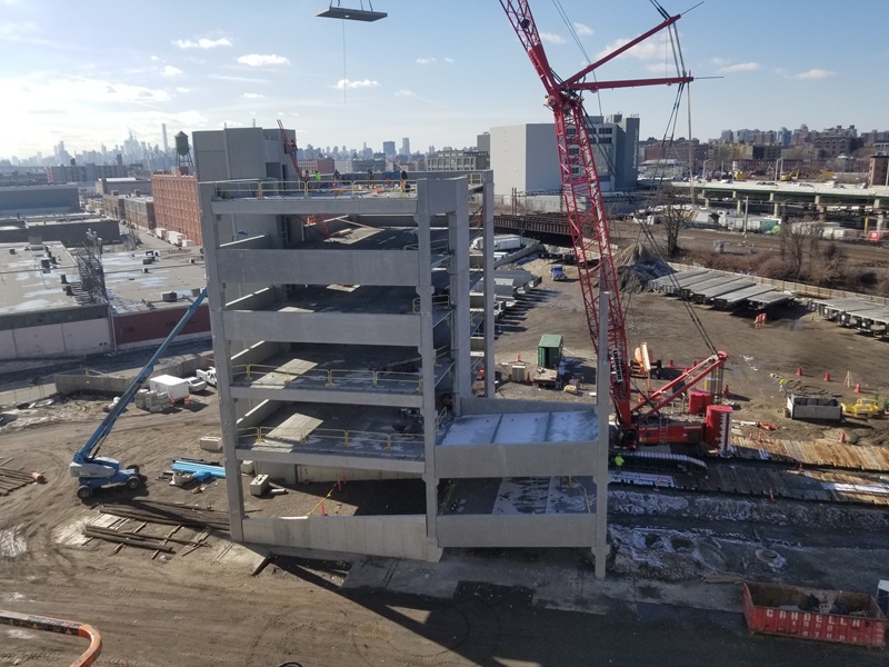 Aerial view of Bronx Logistics Center under construction. Crane in picture.