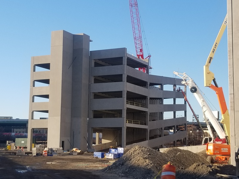 Ground view of Bronx Logistics Center under construction. Crane in picture.