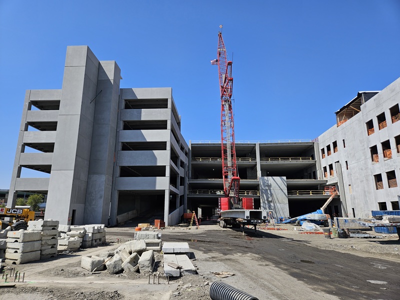 Ground view of Bronx Logistics Center under construction. Crane in picture.